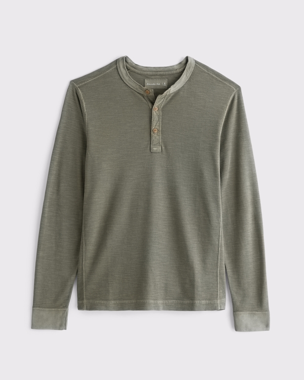 100% Cotton Textured Henley, Olive Gray view 1