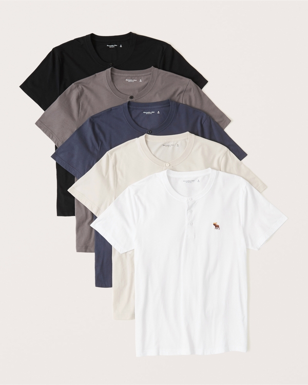 5-Pack Icon Henley Tees, Black-grey-dark Blue-cream-white