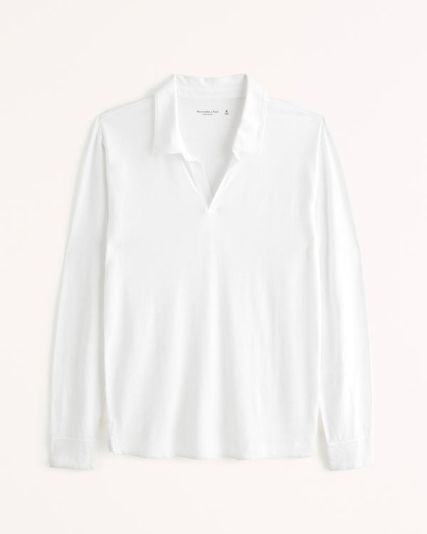 Long-Sleeve Linen-Blend Johnny Collar Polo, White