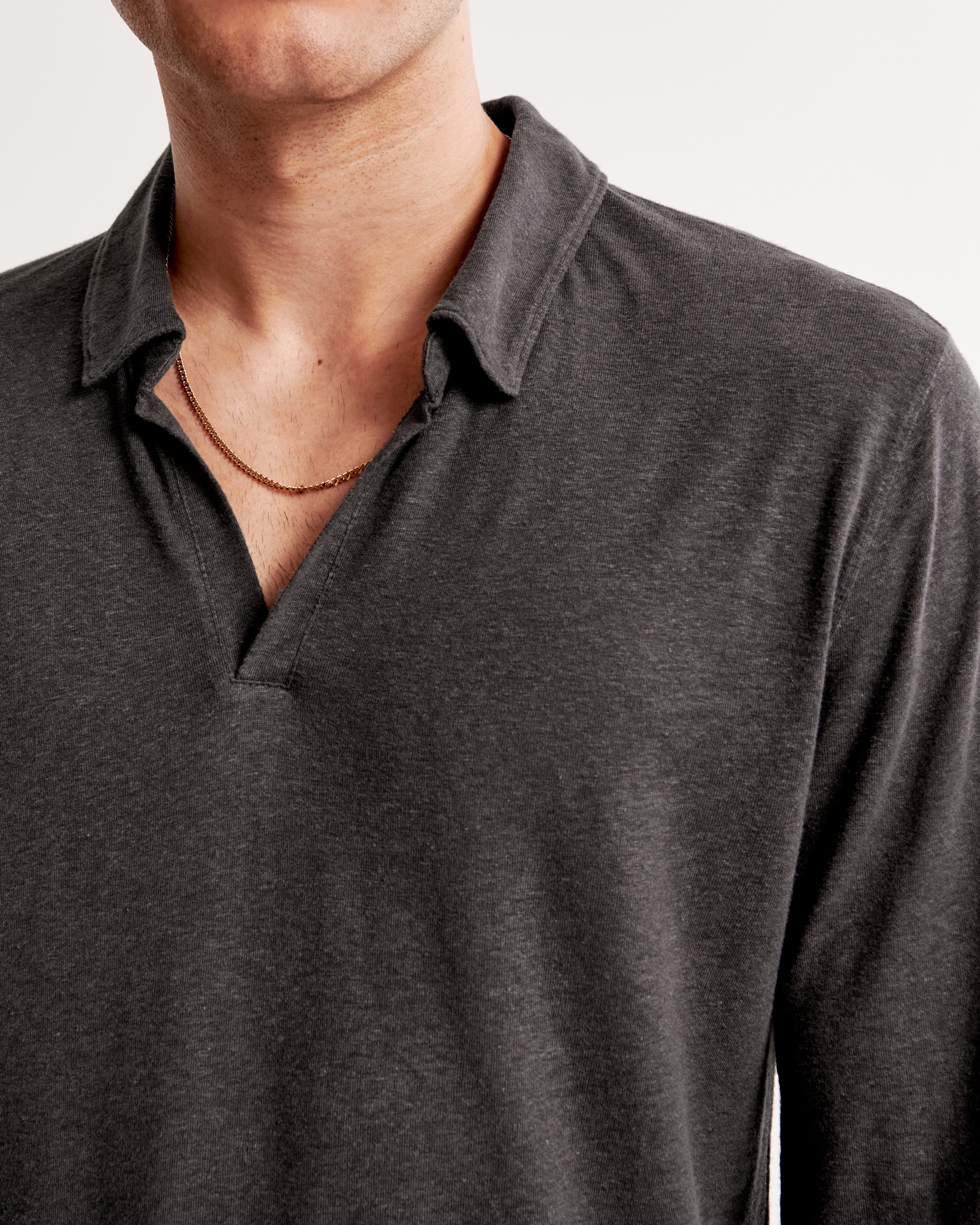 Long-Sleeve Linen-Blend Johnny Collar Polo