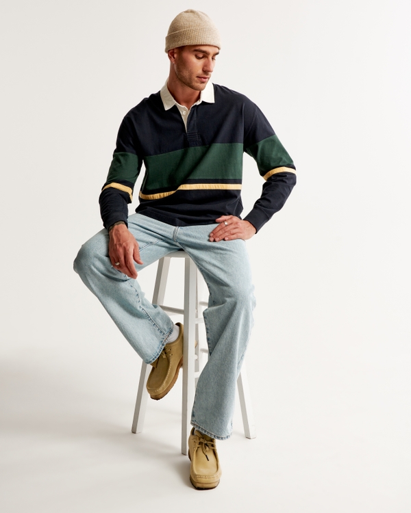 Long-Sleeve Rugby Polo, Navy Blue And Green Stripe