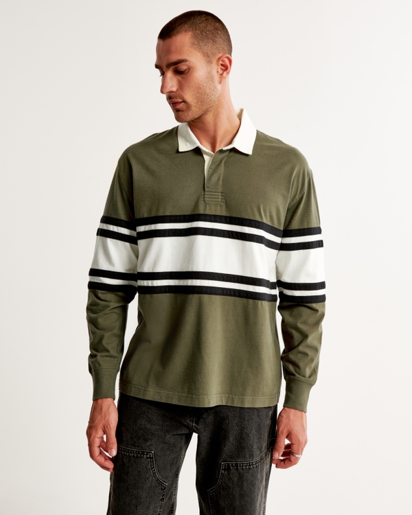Long-Sleeve Rugby Polo, Olive And Navy Stripe