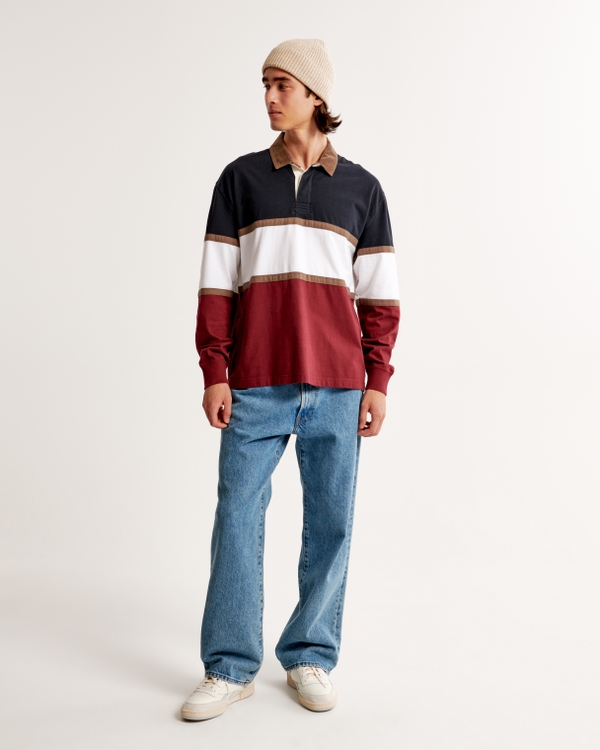 Long-Sleeve Rugby Polo, Navy Blue And Red Color Blocking