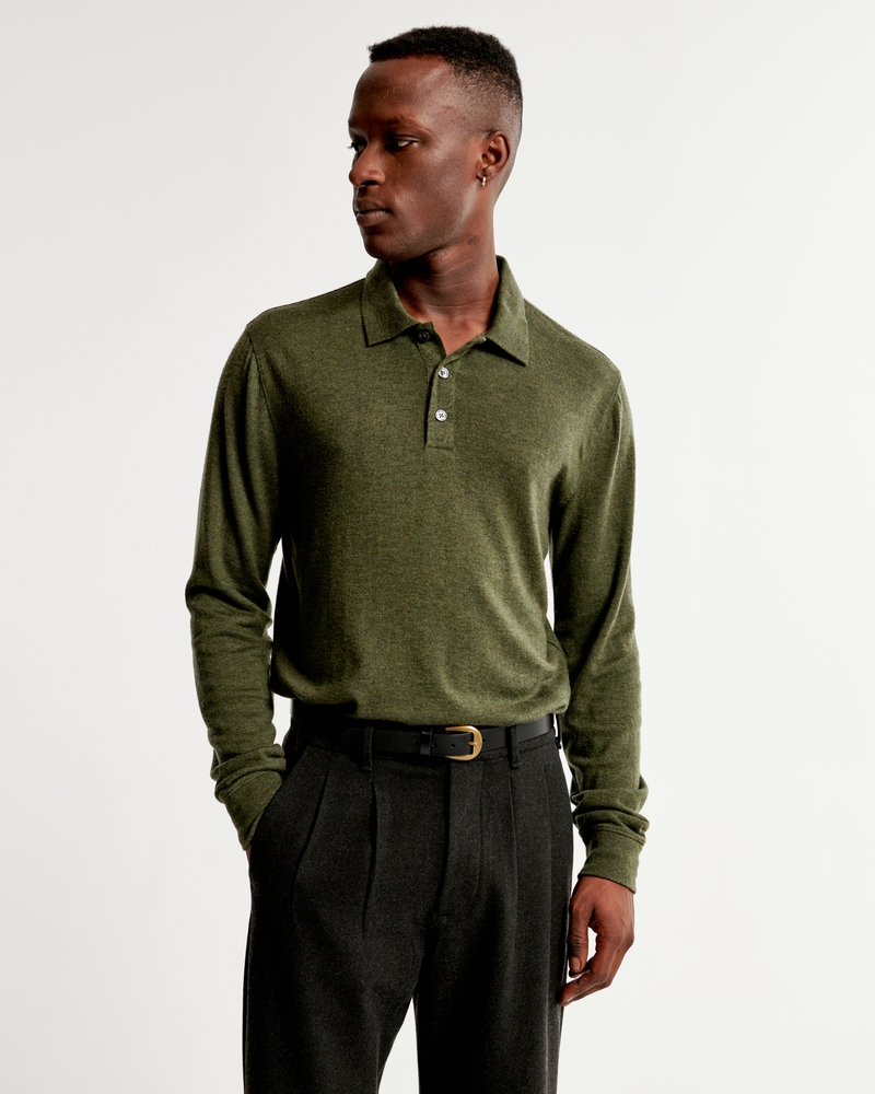 Men's Long-Sleeve Merino Wool-Blend Polo