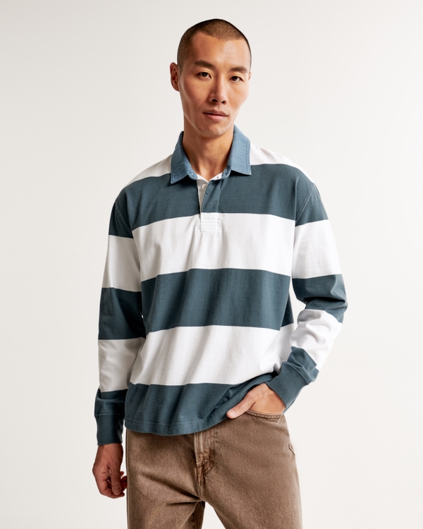Long-Sleeve Rugby Polo, Blue And White Stripe