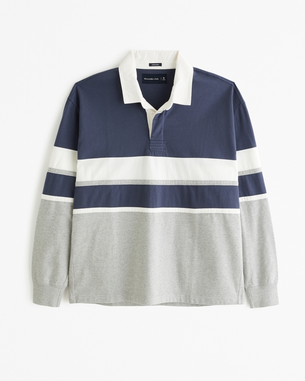 Long-Sleeve Rugby Polo, Navy Blue And Heather Grey