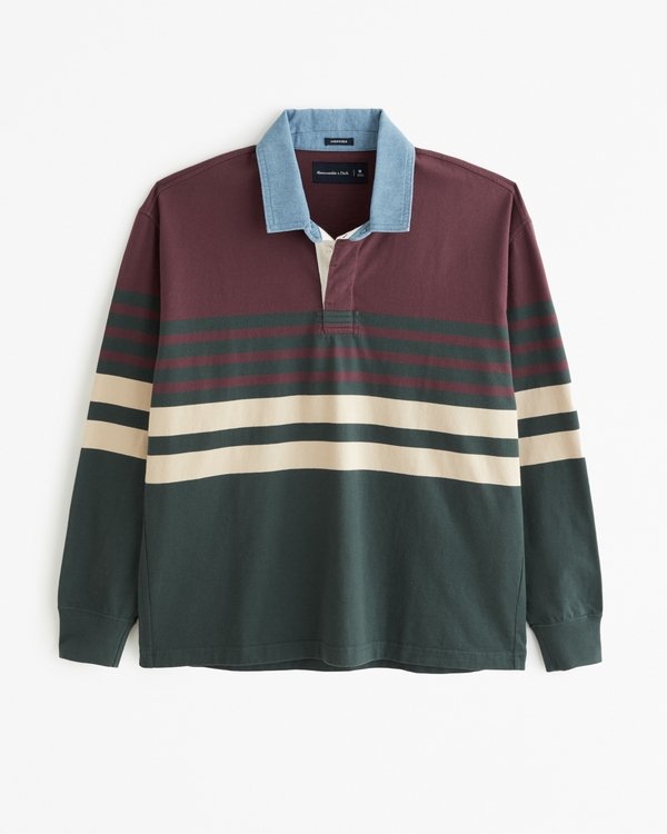 Long-Sleeve Rugby Polo, Burgundy And Green Stripe