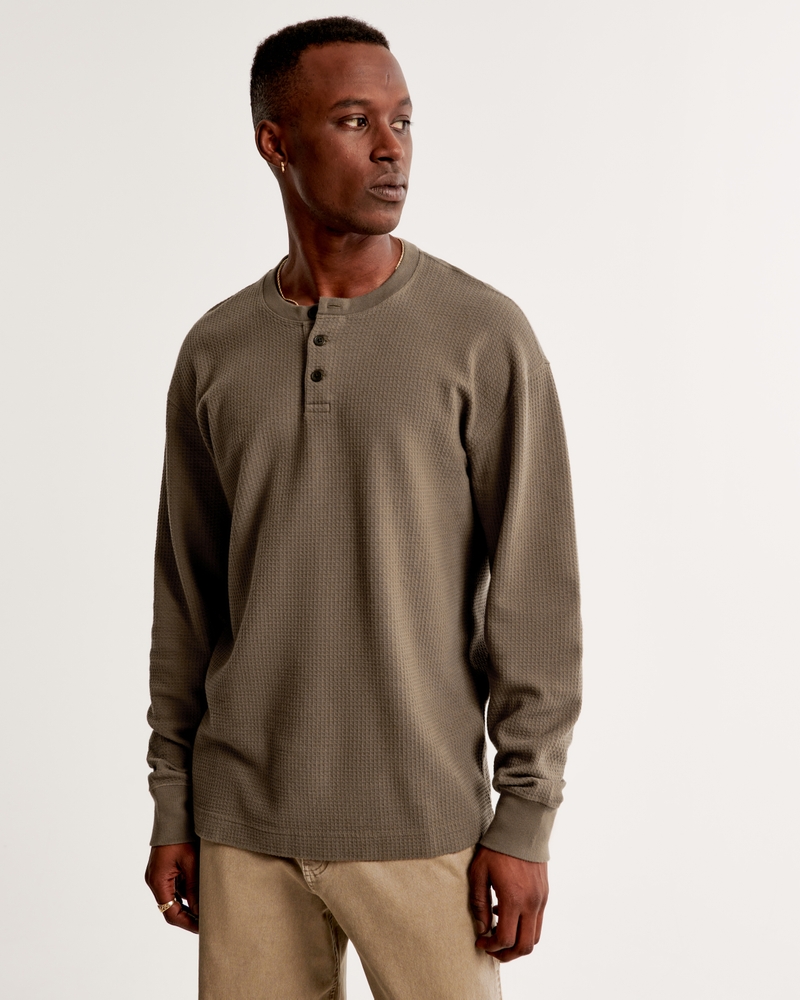 Abercrombie & Fitch LONG-SLEEVE GRID WAFFLE HENLEY - Long sleeved