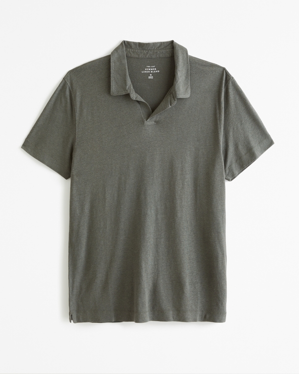 Summer Linen-Blend Johnny Collar Polo, Dark Green