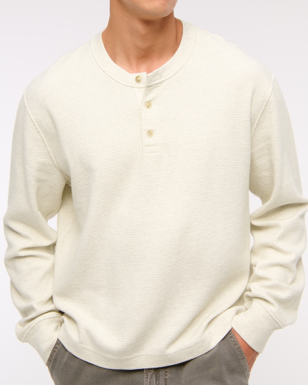 Long-Sleeve Grid Waffle Cropped Henley, Cream Heather view 2