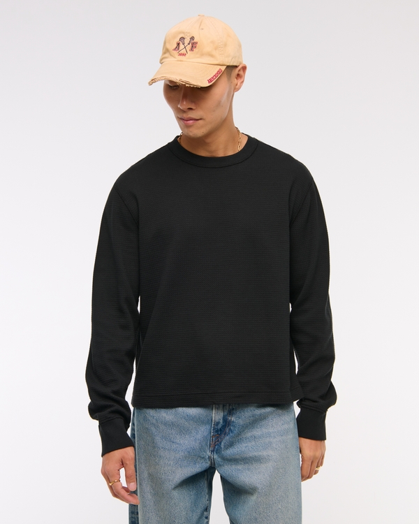 Long-Sleeve Grid Waffle Cropped Tee, Black view 1
