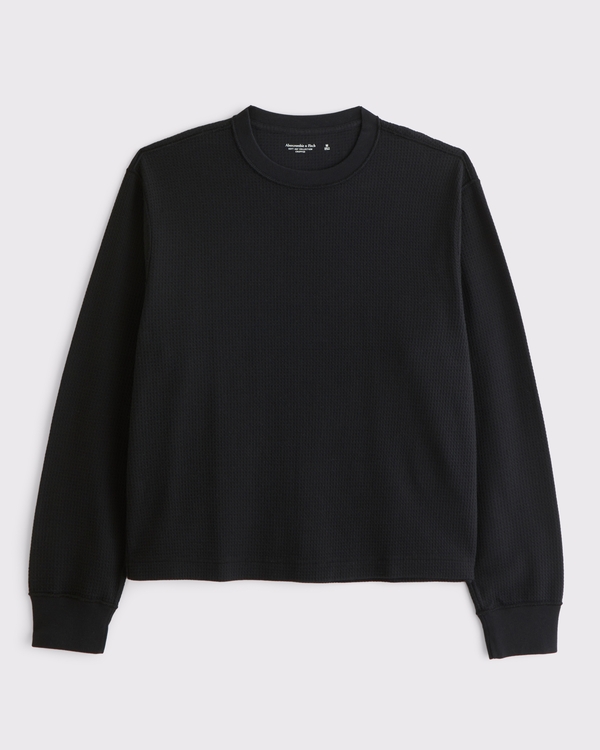 Long-Sleeve Grid Waffle Cropped Tee, Black view 1