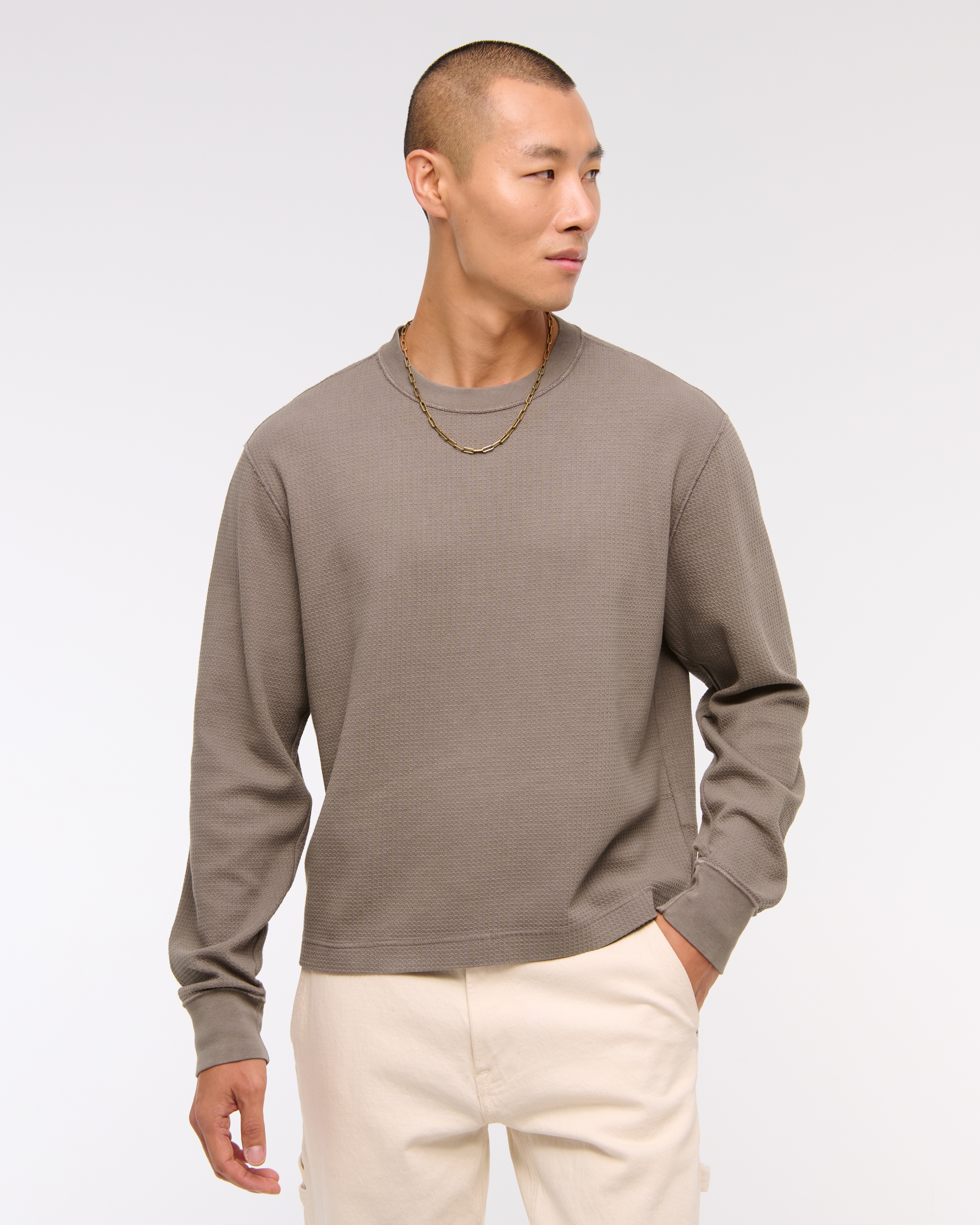 Men's Long-Sleeve Grid Waffle Cropped Tee | Men's Clearance