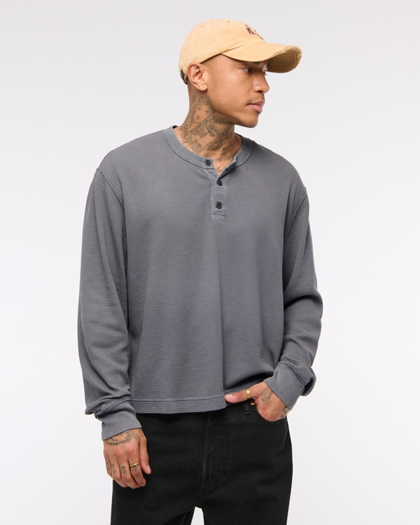 Long-Sleeve Grid Waffle Cropped Henley, Gray