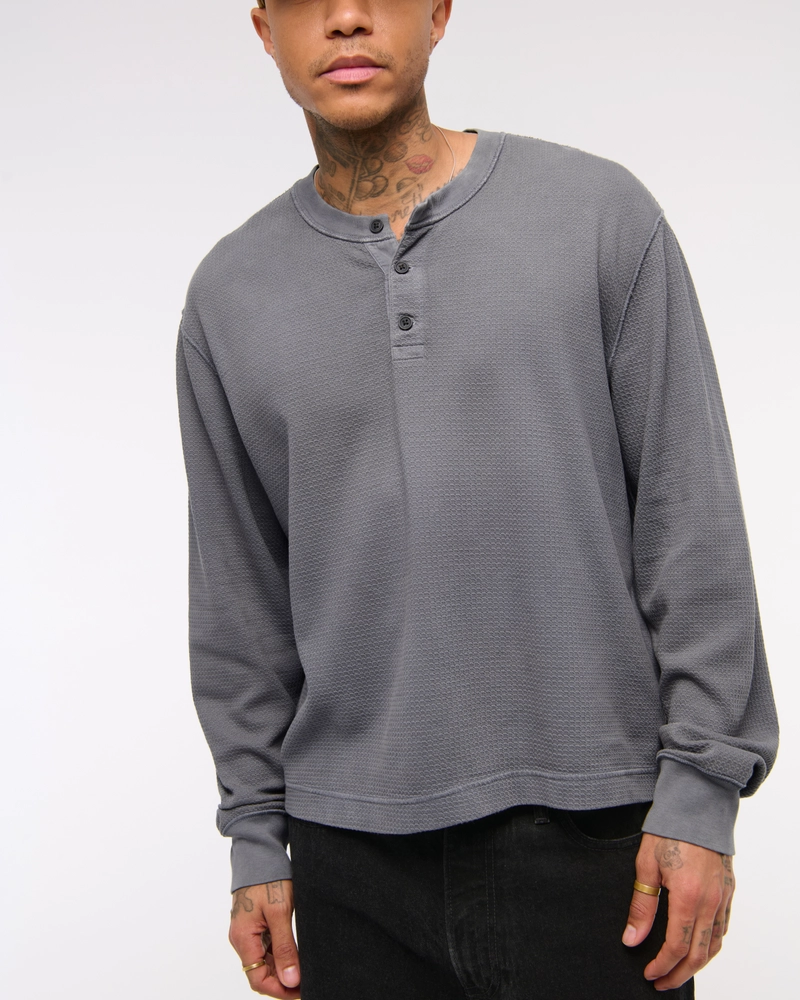 Long-Sleeve Grid Waffle Cropped Henley