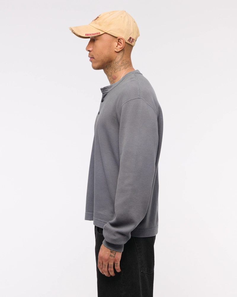 Long-Sleeve Grid Waffle Cropped Henley