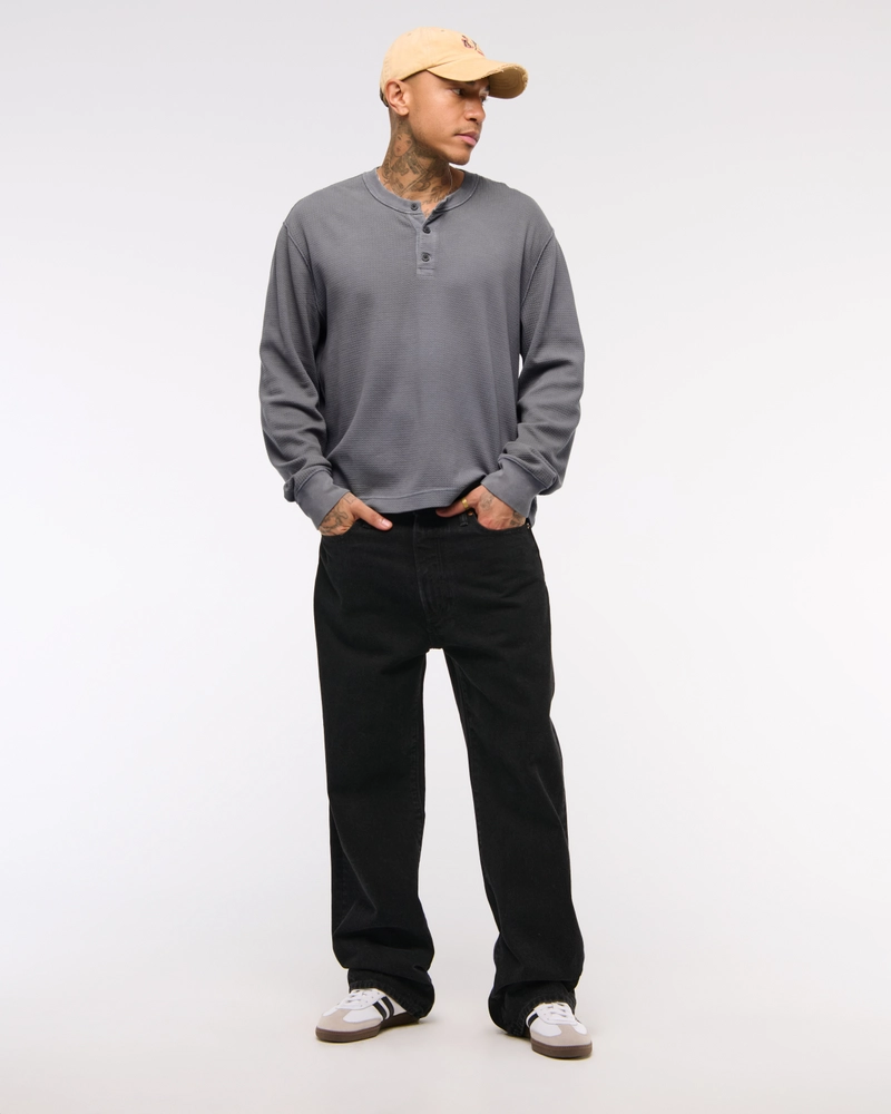Long-Sleeve Grid Waffle Cropped Henley