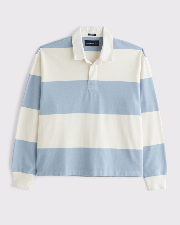 Long-Sleeve Cropped Rugby Polo, Vanilla And Light Blue Stripe