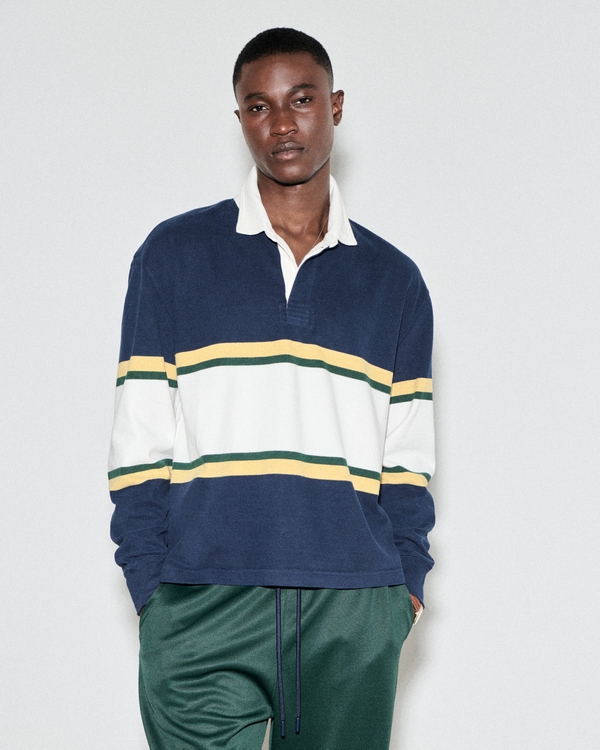 Long-Sleeve Cropped Rugby Polo, Dark Indigo Stripe