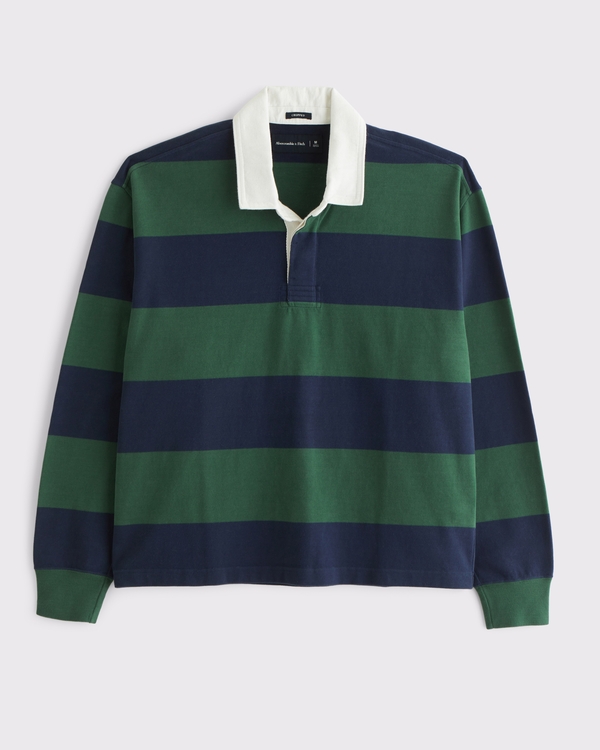 Long-Sleeve Cropped Rugby Polo, Green And Navy Stripe