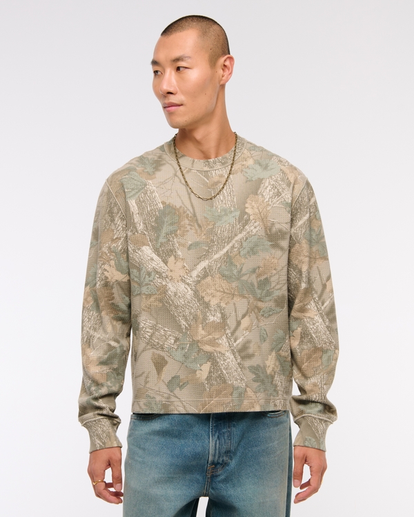 Long-Sleeve Grid Waffle Cropped Tee, Green Camo