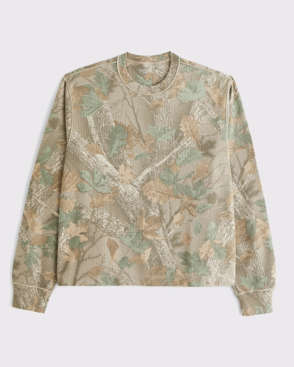 Long-Sleeve Grid Waffle Cropped Tee, Green Camo view 1
