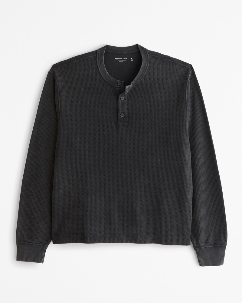 Hombre Camiseta henley de manga larga corta con cuadros en relieve 
