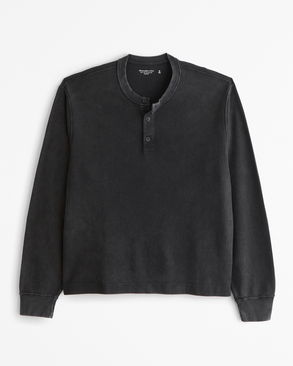 Long-Sleeve Grid Waffle Cropped Henley, Black view 1