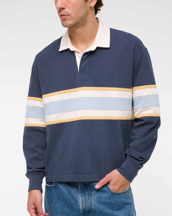 Long-Sleeve Cropped Rugby Polo, Sapphire Stripe view 1