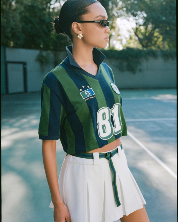 Vol. 28 Danzy Soccer Jersey-Inspired Polo, Green And Dark Indigo Stripe view 1
