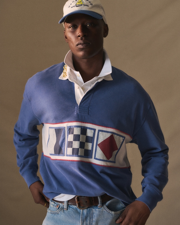 Long-Sleeve Cropped Rugby Polo, Classic Navy view 1