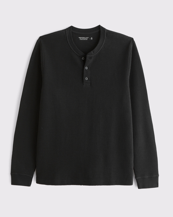 Long-Sleeve Classic Waffle Henley, Black Dd view 1