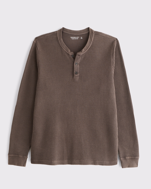 Long-Sleeve Classic Waffle Henley, Chocolate Brown view 1