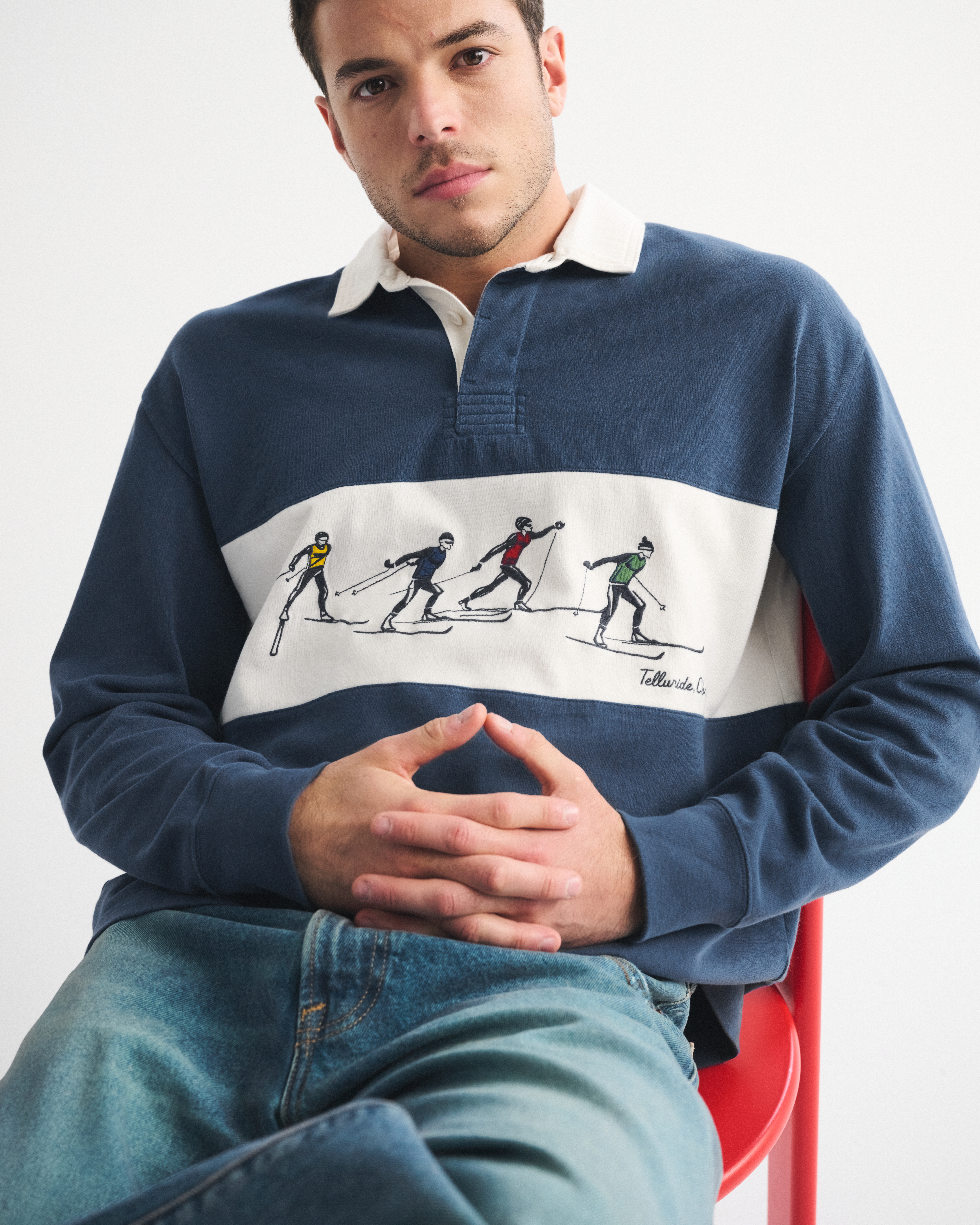 Мужское поло Abercrombie & Fitch Long-Sleeve Rugby Polo, цвет: Тёмно-синий — фото 2
