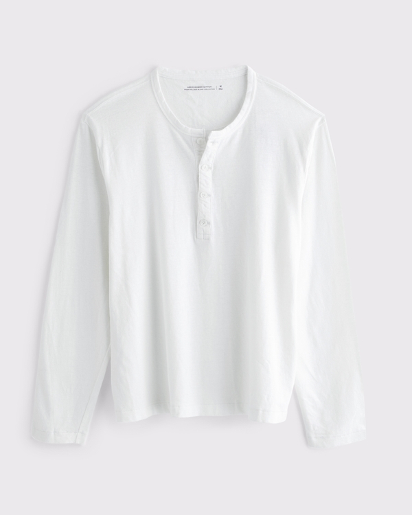 Long-Sleeve Linen-Blend Henley, White view 1