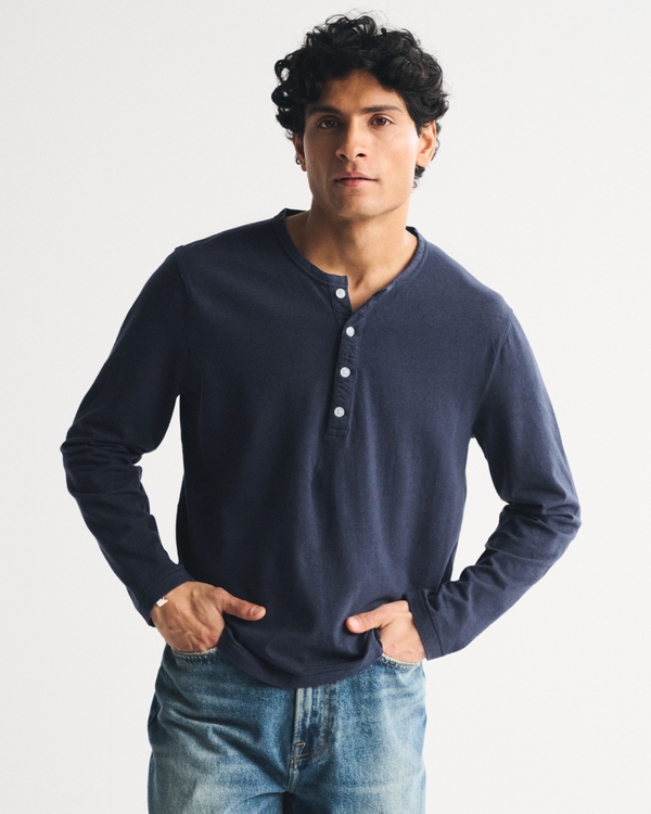 Long-Sleeve Linen-Blend Henley, Sapphire view 1
