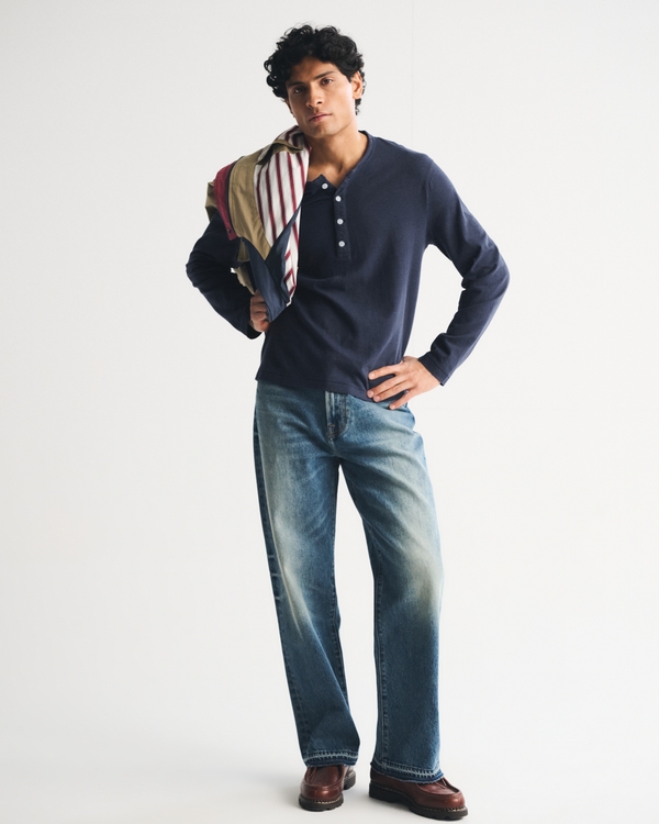 Long-Sleeve Linen-Blend Henley, Sapphire view 2