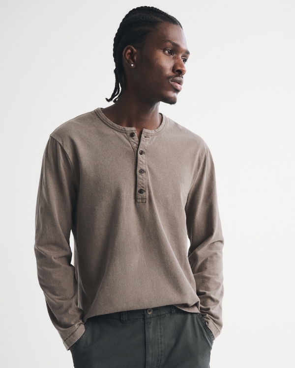 Long-Sleeve Linen-Blend Henley, Gray Brown view 1