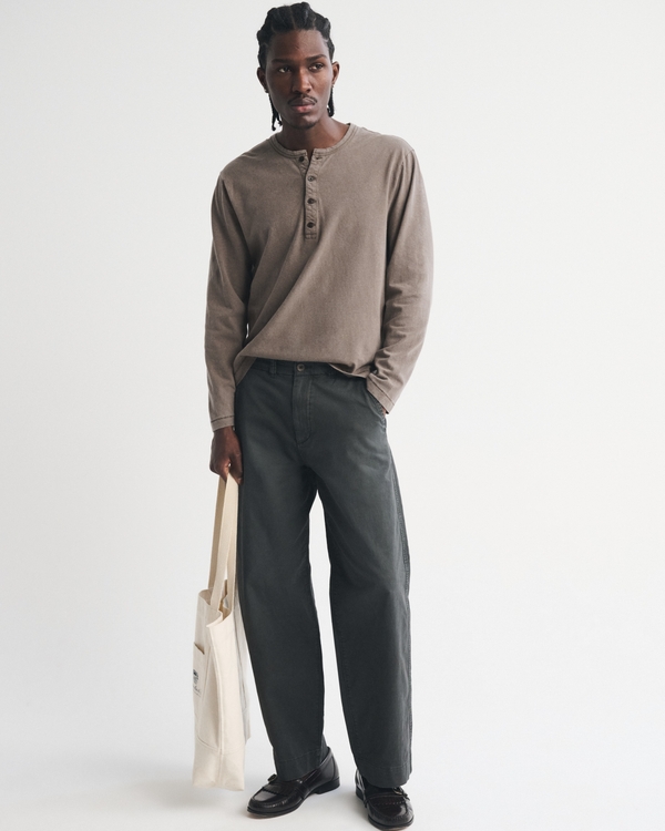 Long-Sleeve Linen-Blend Henley, Gray Brown view 2