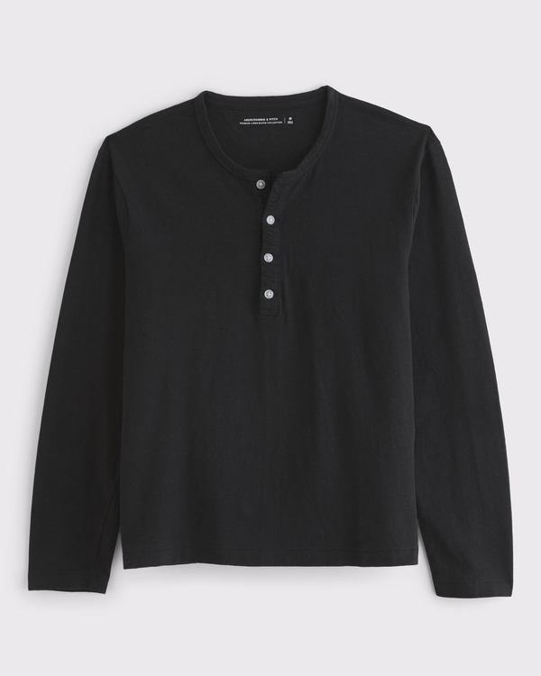 Long-Sleeve Linen-Blend Henley, Black view 1