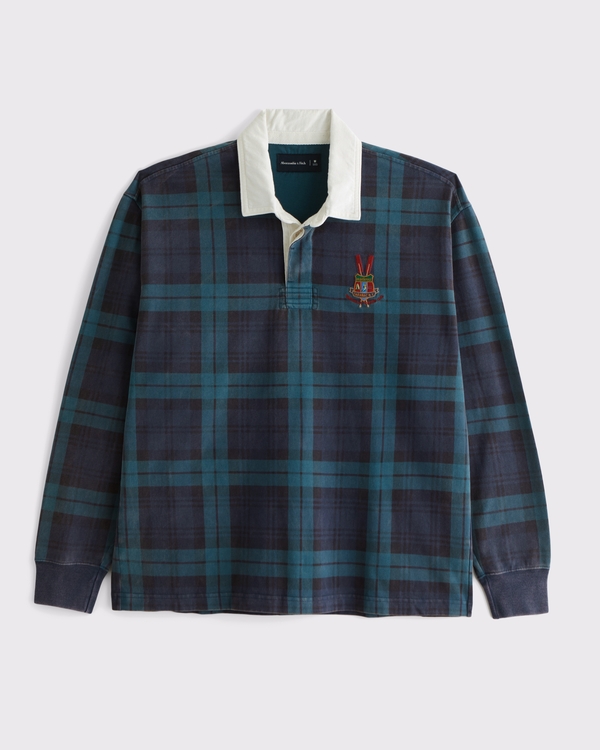 Long-Sleeve Rugby Polo, Blue Plaid view 1