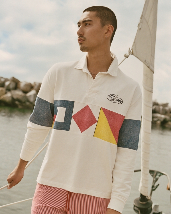 Sperry Long-Sleeve Rugby Polo, Cream Stripe view 1