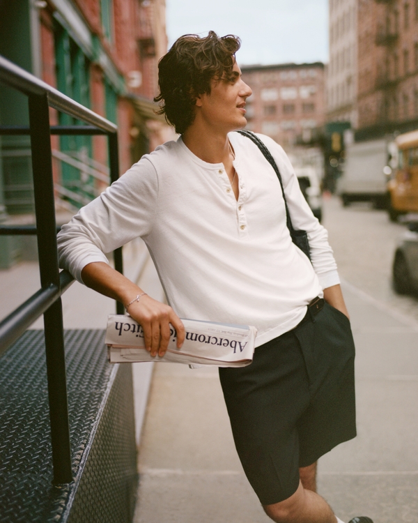 Long-Sleeve Linen-Blend Henley, White view 1