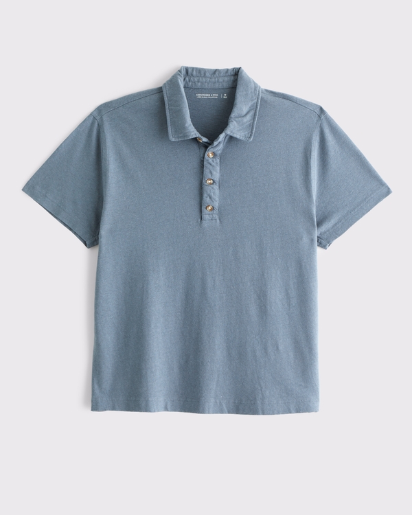 Linen-Blend Polo, Gray Blue view 1
