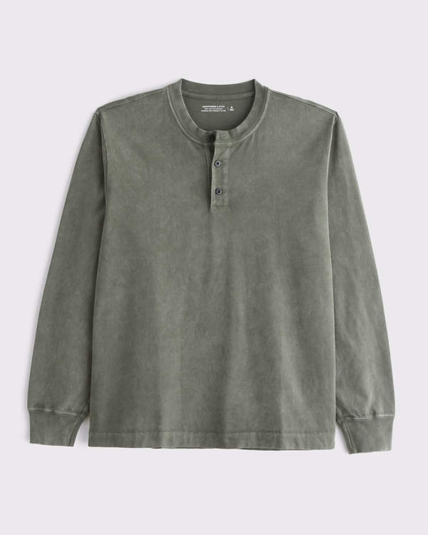Long-Sleeve Premium Heavyweight 2.0 Henley, Dark Green Wash view 1