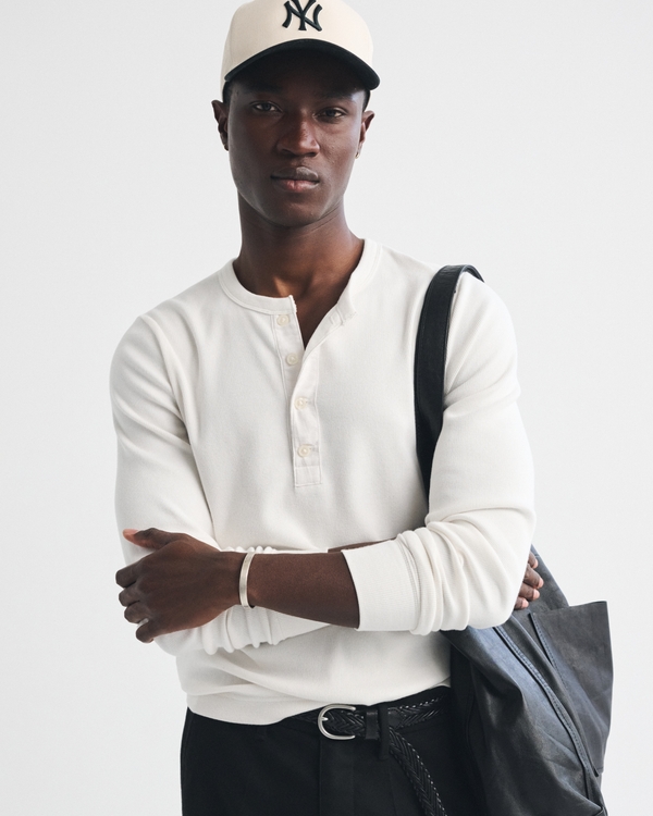Essential Slim Ribbed Henley, White view 1