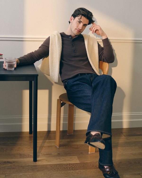 Essential Slim Ribbed Henley, Chocolate Brown view 2