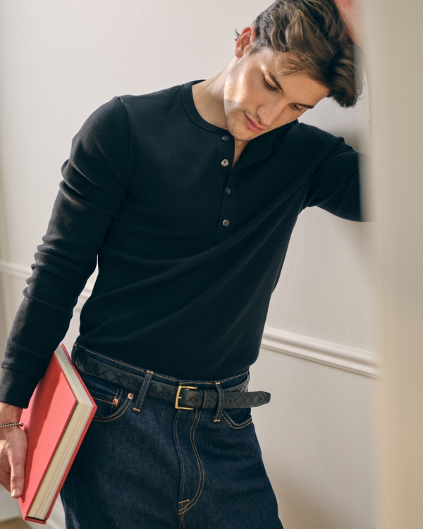 Essential Slim Ribbed Henley, Black view 1