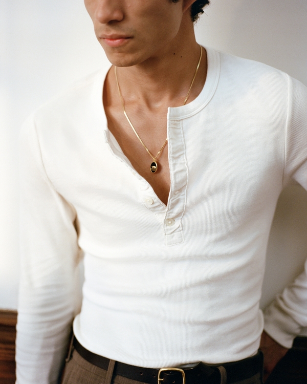 Essential Slim Ribbed Henley, Cream view 1