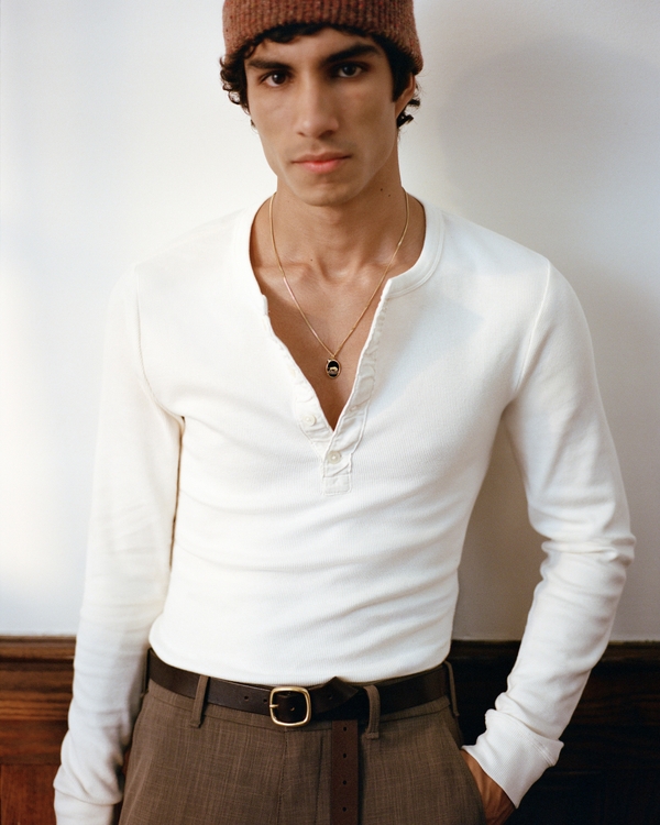 Essential Slim Ribbed Henley, Cream view 2